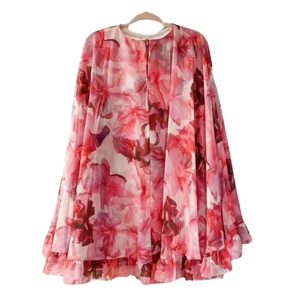 floral print high neck ruffle hem cape mini dress Mac Duggal Women's Ieena Floral Print High Neck Ruffle Hem Cape Mini Dress